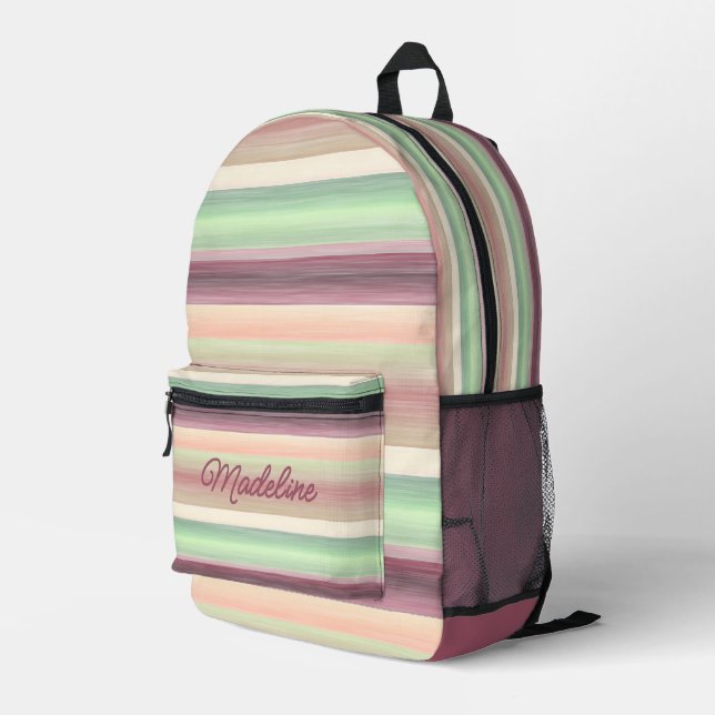 Mochila Impresa Rayas de arte rosa de malva verde primavera (Esquina derecha trasera )