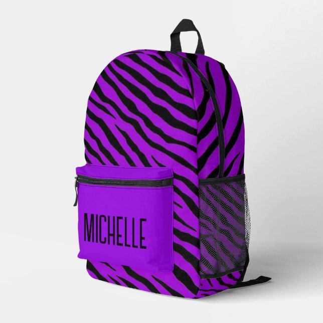 Mochila Impresa Rayas de cebra moradas y negras personalizadas (Esquina derecha trasera )