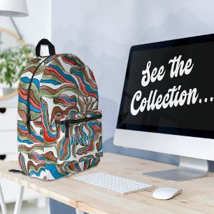 Mochila Impresa Rayas Onduladas Retro Verde Azul Rojo Monograma No