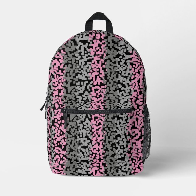 Mochila Impresa Rayas pixeladas digitales negras rosadas (Anverso)