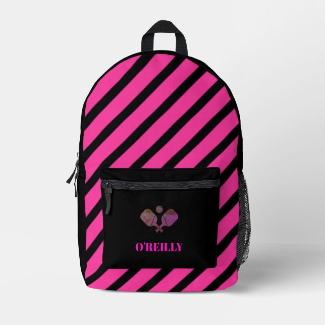 Mochila Impresa Rayas rosadas y negras Monograma moderno Picklebal (Anverso)