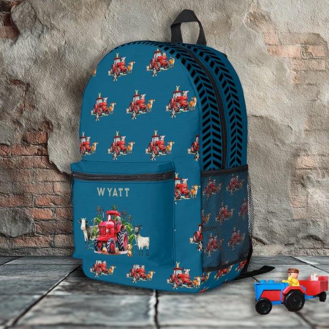 Mochila Impresa Red Farm Tractors Kids Personalized Teal Blue (Subido por el creador)