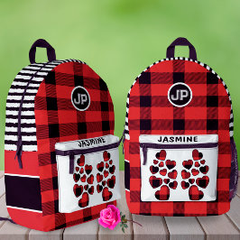Mochila Impresa Red Gingham Heart Custom Name Left School