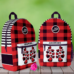 Mochila Impresa Red Gingham Heart Custom Name Left School