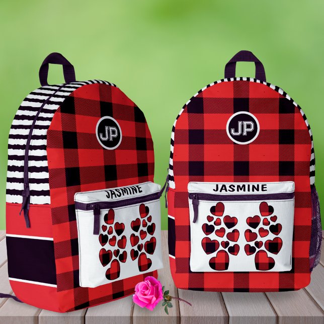 Mochila Impresa Red Gingham Heart Custom Name Left School (Subido por el creador)