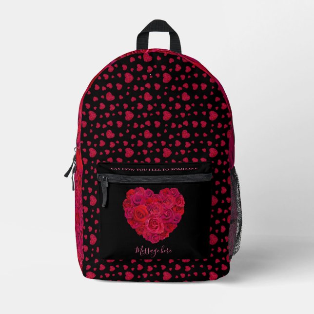 Mochila Impresa Red Rose Heart Romantic Floral Custom Text (Anverso)