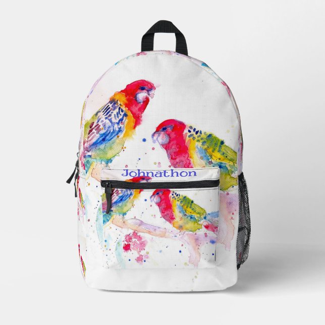 Mochila Impresa Red Rosella Parrot Watercolor Parrots Boys Name (Anverso)