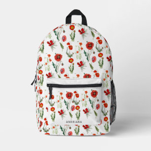 Mochila Impresa Red Watercolor Poppies Florals Nombre Personalizad