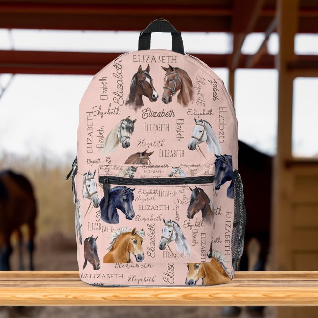 Mochila Impresa Regalos ecuestres para chicas nombre personalizado (Horse equestrian gifts for girls personalized name collage with horses printed backpack horse girl)