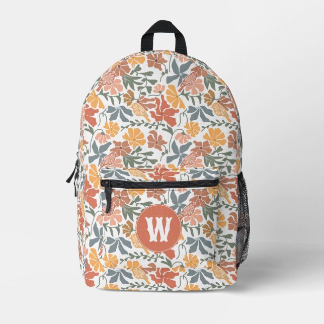 Mochila Impresa Resumen Aves Florales Mid Century Monograma modern (Anverso)