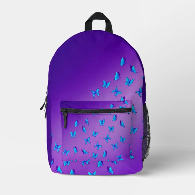 Mochila Impresa Resumen de onzas moradas y mariposas (Anverso)