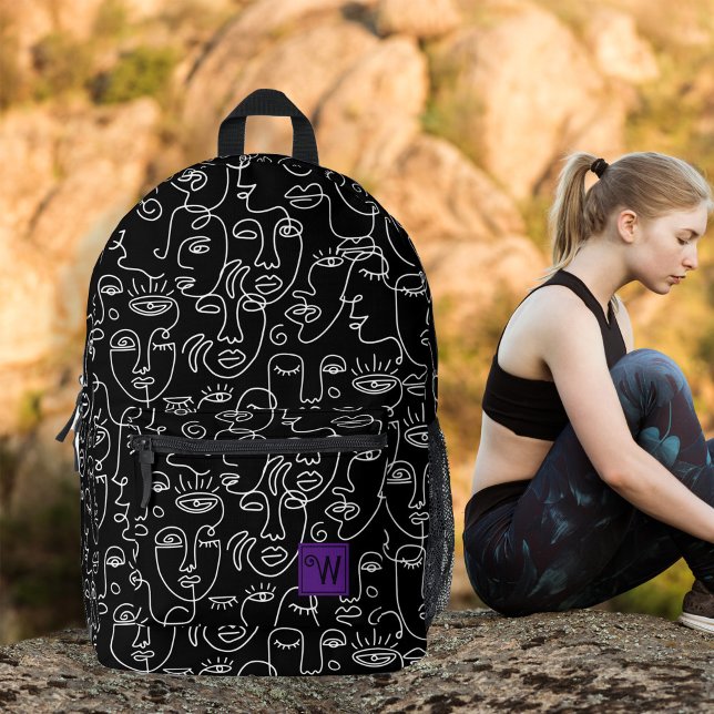 Mochila Impresa Resumen moderno Monograma de la cara de la línea b (Modern abstract face line black and white monogram backpack for teen, lady; back to school & travel.)