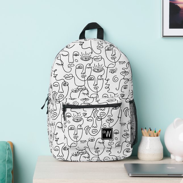 Mochila Impresa Resumen moderno Monograma de la línea de la cara b (Modern abstract black and white face line monogram printed backpack, back to school, birthday gift)