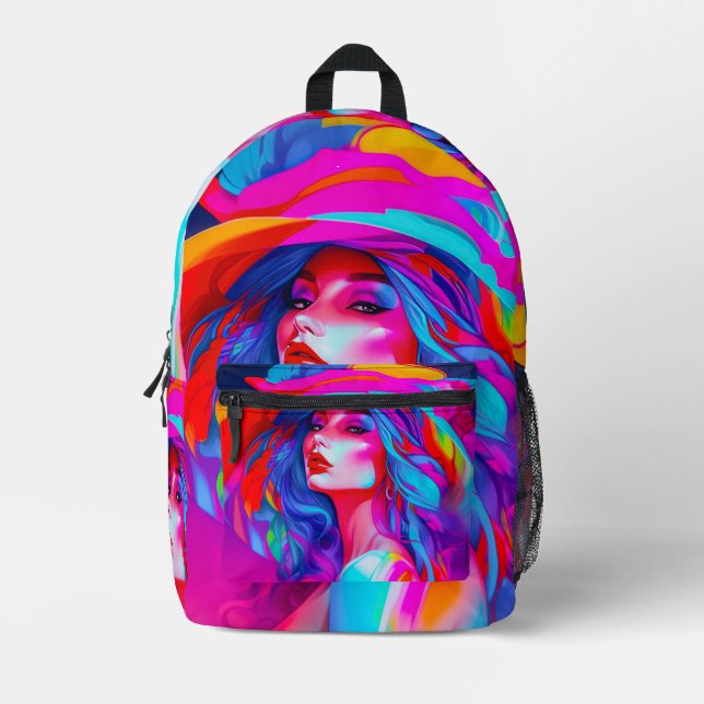 Mochila Impresa Retrato de arte pop neón (Anverso)