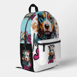Mochila Impresa Retrato de perro negrita naranja y azul