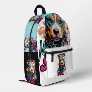 Mochila Impresa Retrato de perro negrita naranja y azul