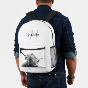 Mochila Impresa Retrato de vaca Highland monograma inicial blanco 