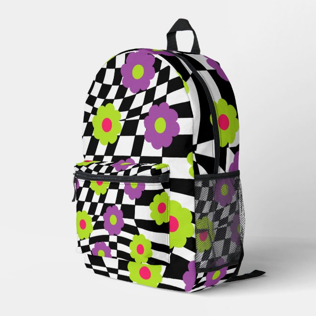 Mochila Impresa Retro Backpack with Checkers and Flowers (Esquina derecha trasera )