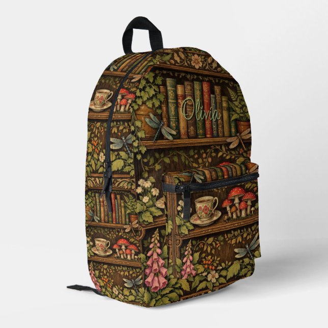 Mochila Impresa Retro book shelf dragonflies coffee florals  (Esquina izquierda trasera)