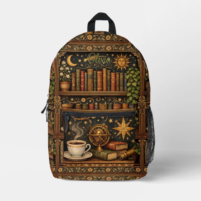 Mochila Impresa Retro celestial bookshelf book coffee lover (Anverso)