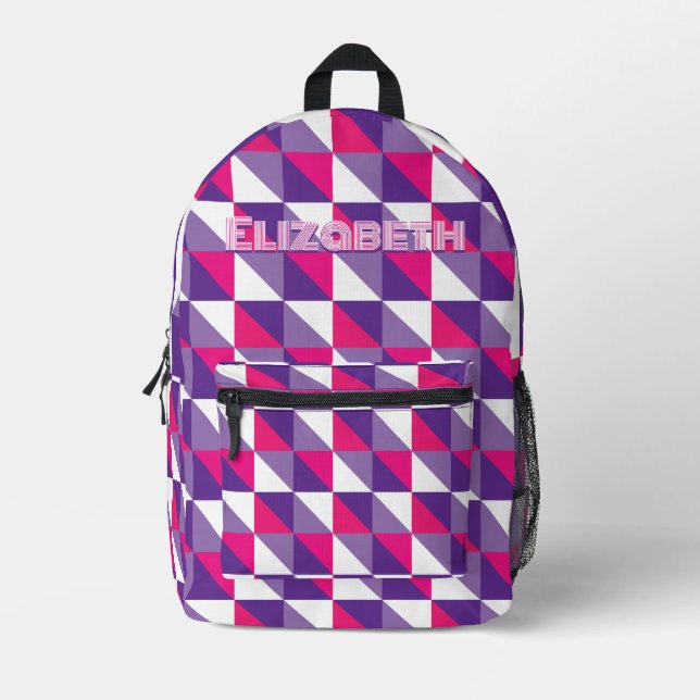 Mochila Impresa Retro Geometric Abstract Pink Purple & White Name (Anverso)