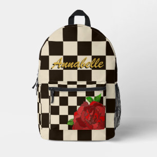 Mochila Impresa Retro Negro y Blanco Chessboard Check Red Rose