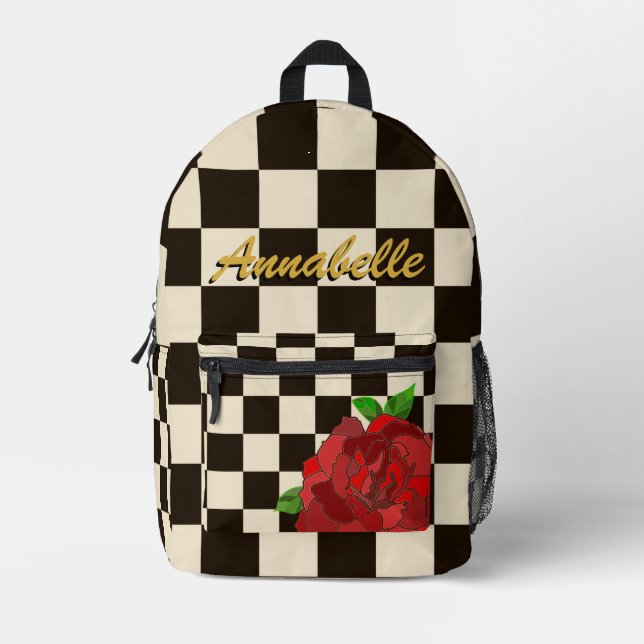 Mochila Impresa Retro Negro y Blanco Chessboard Check Red Rose (Anverso)