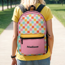 Mochila Impresa Retro Preppy Colorido Cuadros Colorblock