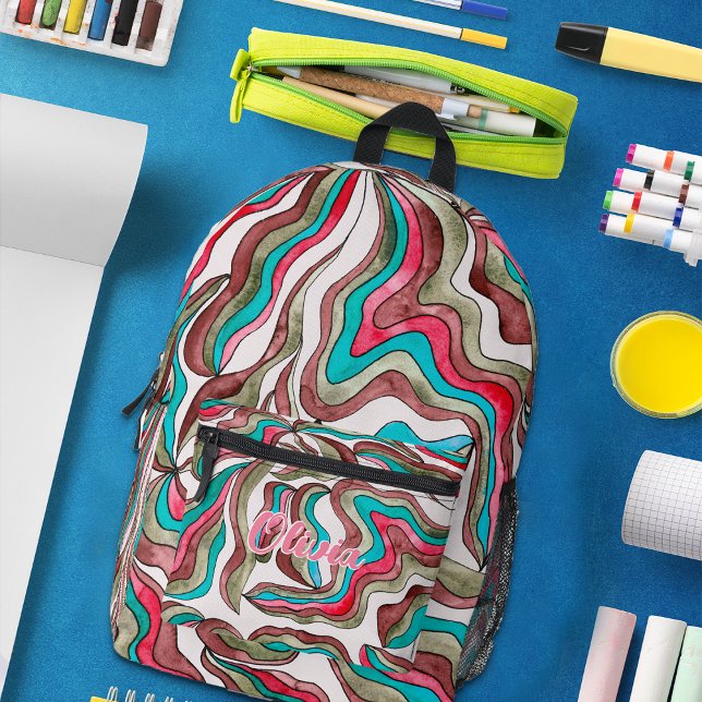 Mochila Impresa Retro Wavy Stripes Hot Pink Burgundy Monograma Nom (Subido por el creador)