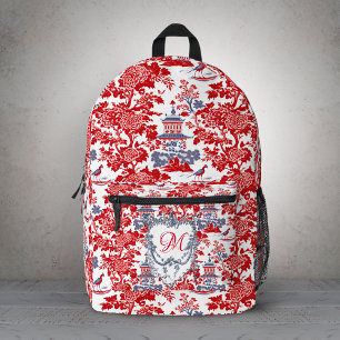 Mochila Impresa Rojo Azul Vintage Chinoiserie Monograma Francés De