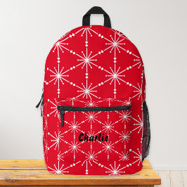 Mochila Impresa Rojo Blanco Navideño con Patrón de Copos de Nieve 