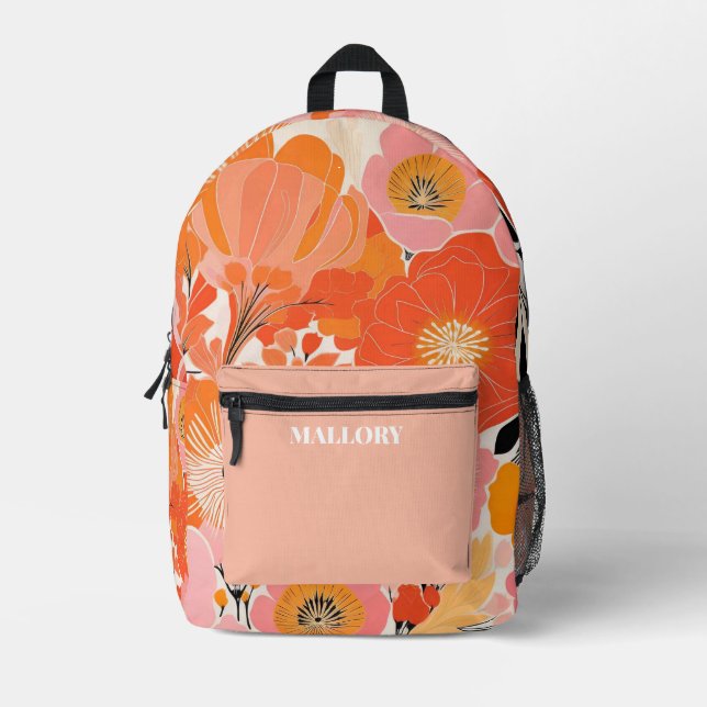 Mochila Impresa Rosa floral brillante y Naranja (Anverso)