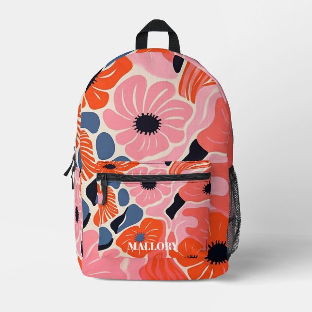 Mochila Impresa Rosa floral funky y Naranja (Anverso)