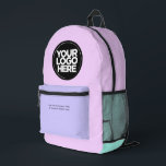 Mochila Impresa Rosa pastel | Logotipo y texto corporativo persona<br><div class="desc">Azul rosa pastel clásico y púrpura lavanda | Logotipo corporativo personalizado y mochila impresa de texto para empresas modernas</div>