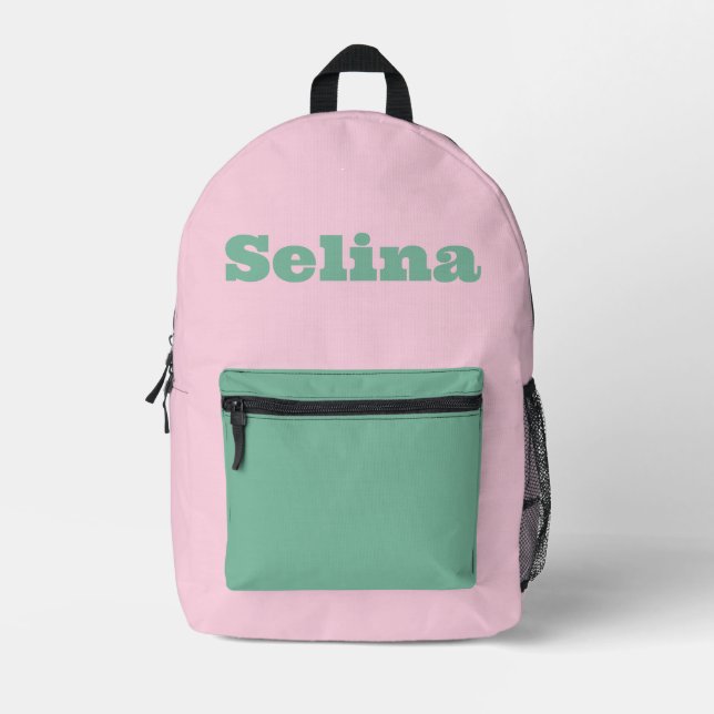 Mochila Impresa Rosa personalizado y verde menta (Anverso)