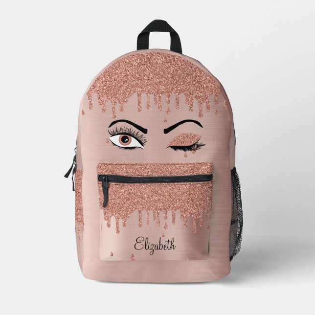 Mochila Impresa Rosa Purpurina de goteo de ojecillos rosados de or (Anverso)