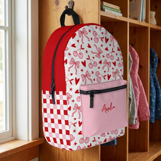 Mochila Impresa Rosa Retro Cereza y Cuadro de Lunares con Lazos y  (Personalized Backpack with coquette cherries & bow and pink & red checkerboard pattern.)