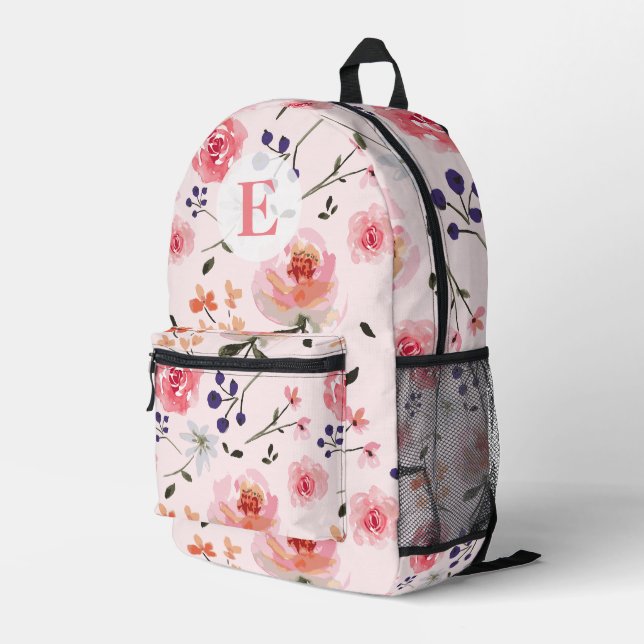 Mochila Impresa Rosa rosa Peonies Flora acuarela Monograma (Esquina derecha trasera )