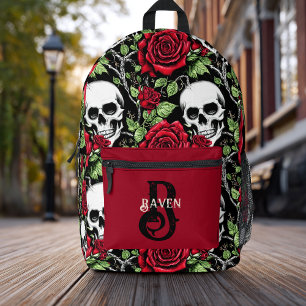 Mochila Impresa Rosa y cráneo góticos de Monograma personalizado