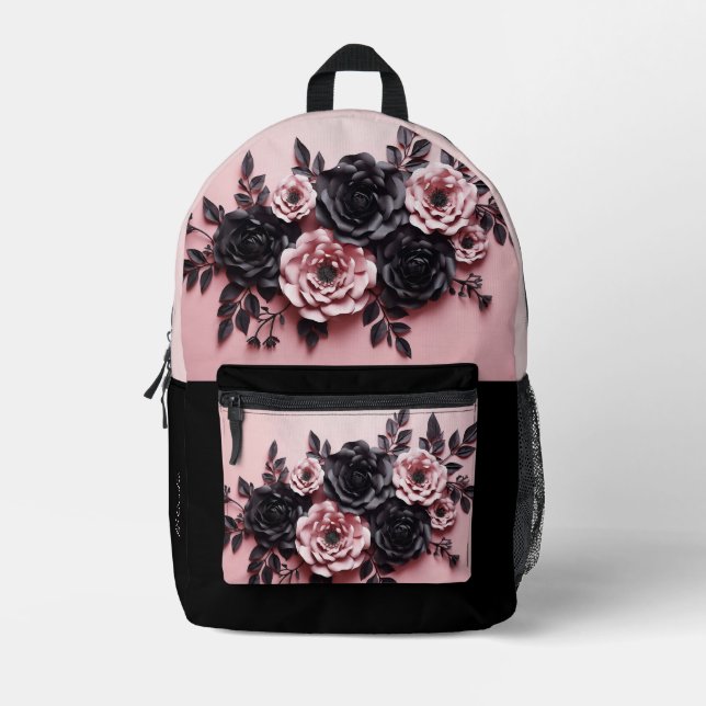 Mochila Impresa Rosas 3D Rosa Y Negro (Anverso)