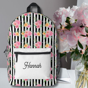 Mochila Impresa Rosas acuarela sobre rayas blancas y negras