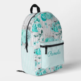 Mochila Impresa Rosas azul turquesa, rayas grises y monograma