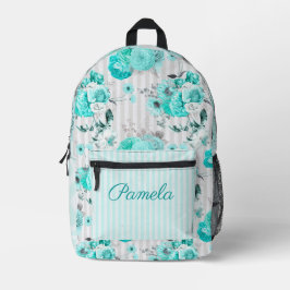 Mochila Impresa Rosas azul turquesa, rayas grises y monograma