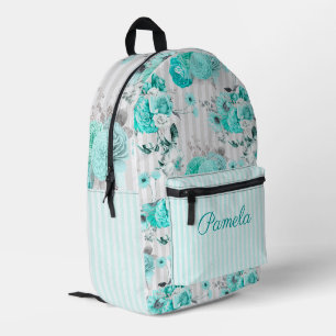 Mochila Impresa Rosas Azules Turquesa, Rayas Grises y Monograma