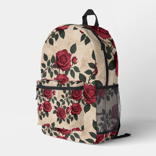 Mochila Impresa Rosas Carmesí Vintage (Esquina derecha trasera )