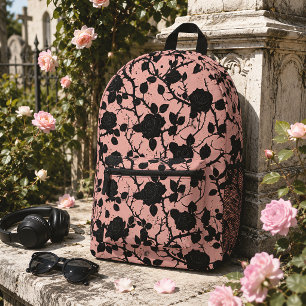 Mochila Impresa Rosas de cementerio gótico Floral rosa y negro