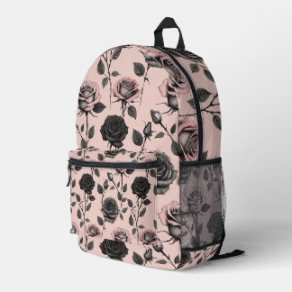 Mochila Impresa Rosas Dibujadas a Mano en Negro Sobre un Fondo Ros