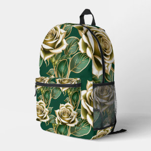 Mochila Impresa Rosas Doradas Con Hojas Verdes Esmeralda