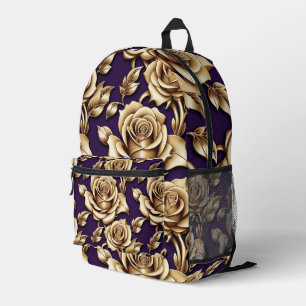 Mochila Impresa Rosas doradas metálicas sobre un fondo púrpura pro