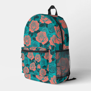 Mochila Impresa Rosas Estilizadas Audazmente En Tonos De Verde Azu